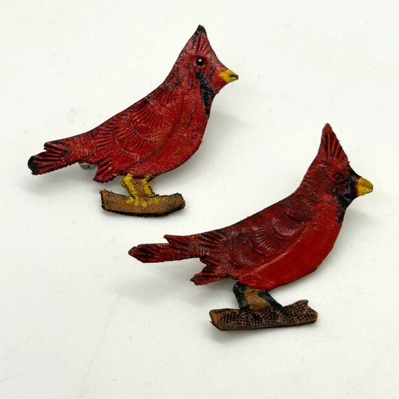 Handcrafted Jewelry - Vintage Cardinal Brooch Handcrafted Leather Birds Hand Painted